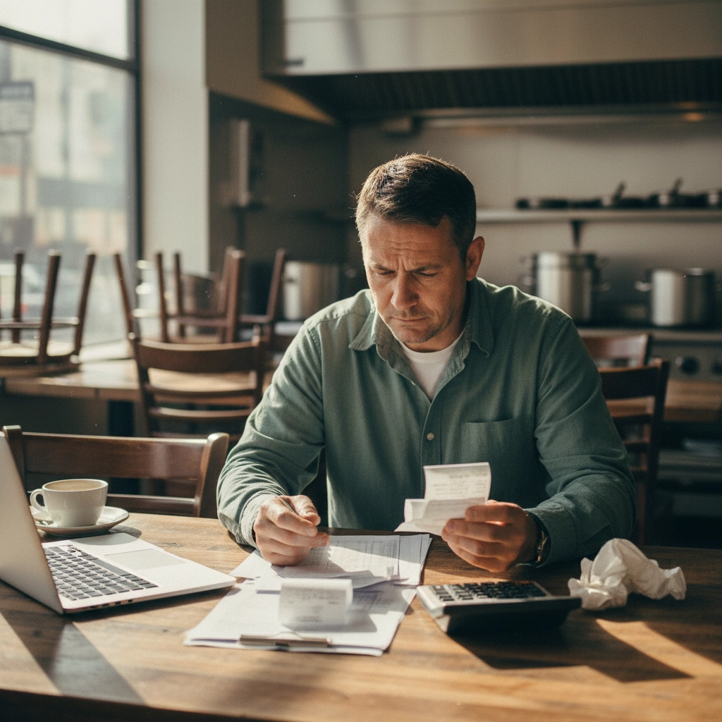 Close-up of a restaurant startup budget—spreadsheets, invoices, and a calculator on a wooden table