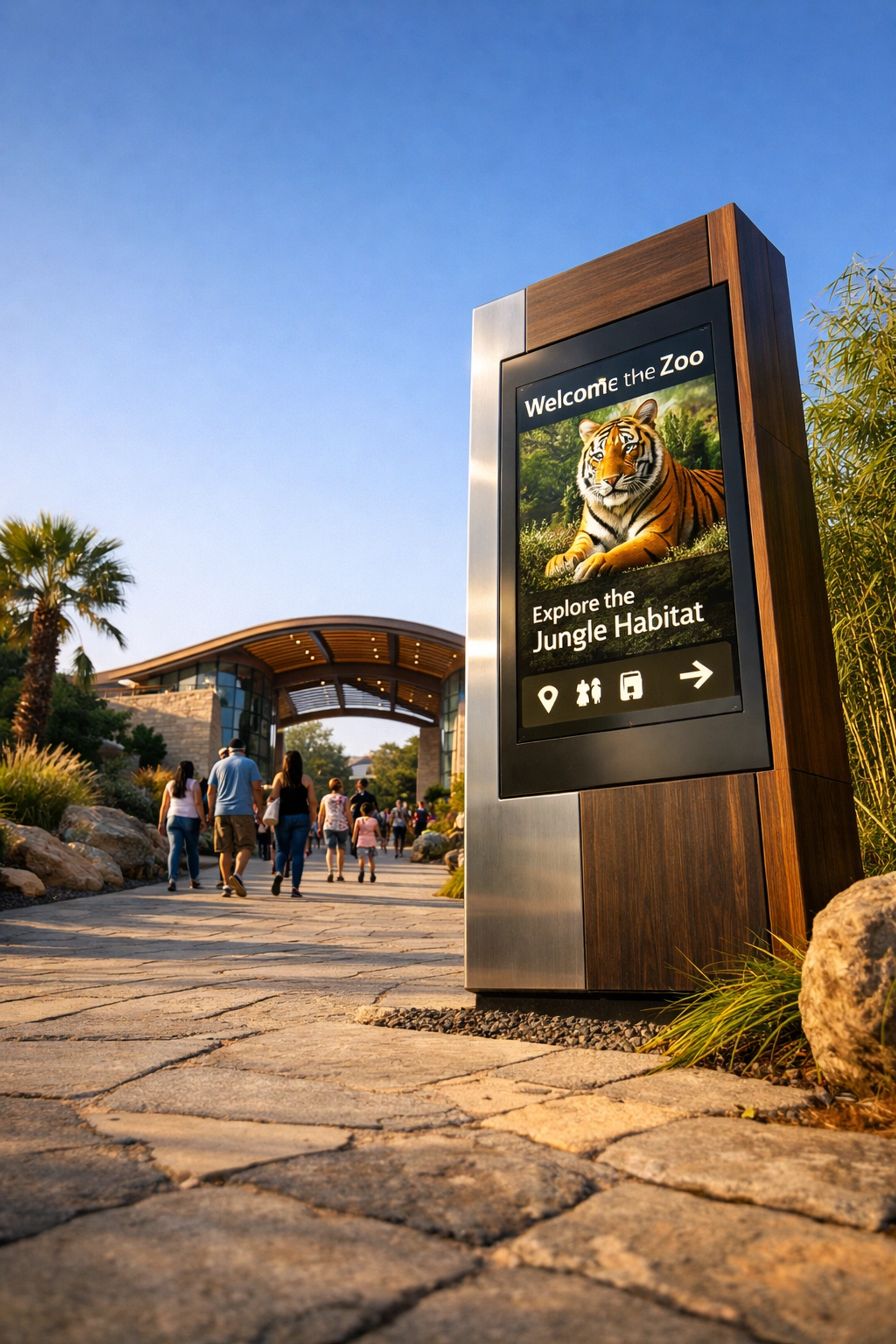 Modern digital signage kiosk showcasing outdoor advertising and sponsorship integration within a zoo habitat.