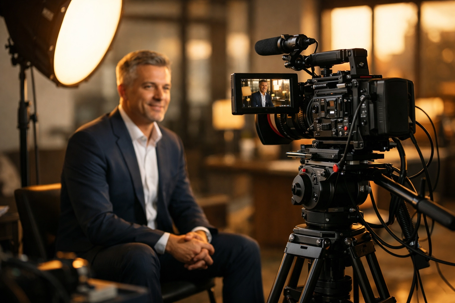 Professional testimonial video production setup filming business client interview