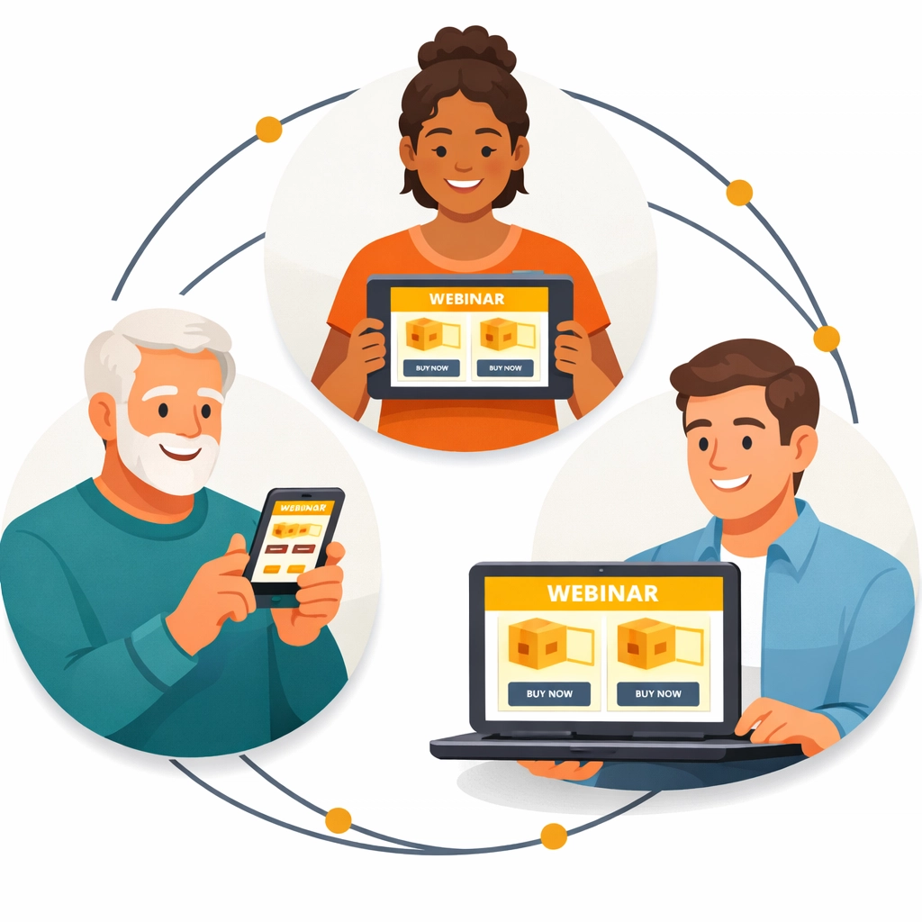 Multi-device webinar platform displayed on smartphone, tablet, and laptop simultaneously