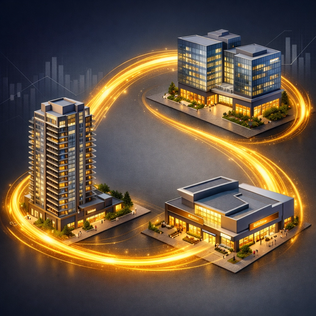 Diversified real estate portfolio showing residential, office, and retail properties