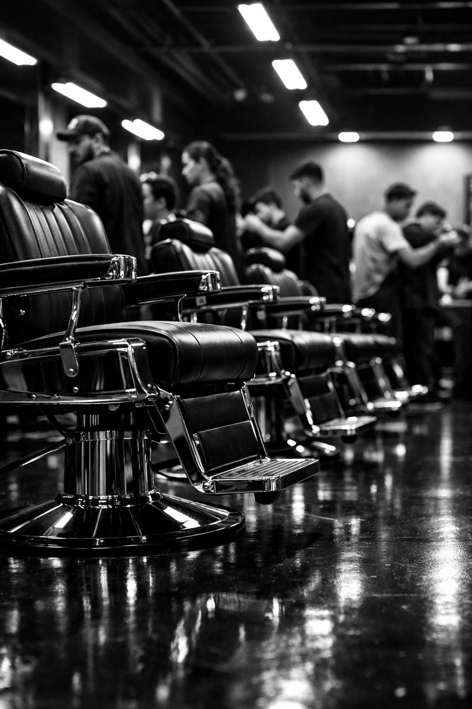 Modern professional barber school interior in Middletown, OH with a row of high-quality barbering chairs.