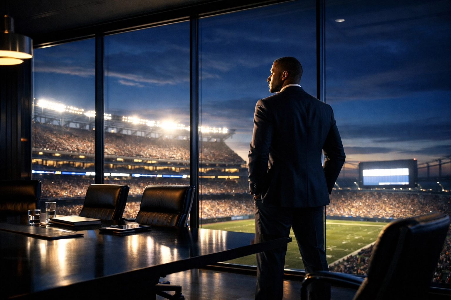 Athlete-turned-entrepreneur in a modern boardroom overseeing a stadium, symbolizing success beyond the whistle.