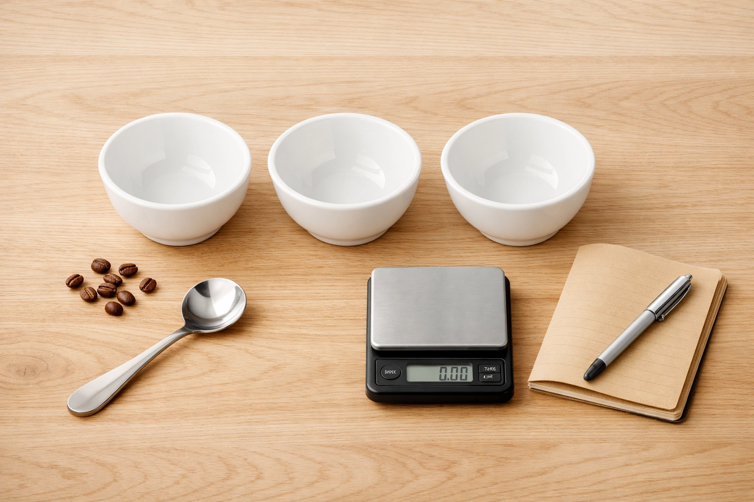 Coffee cupping and quality control setup for testing wholesale coffee roast profiles and precision.