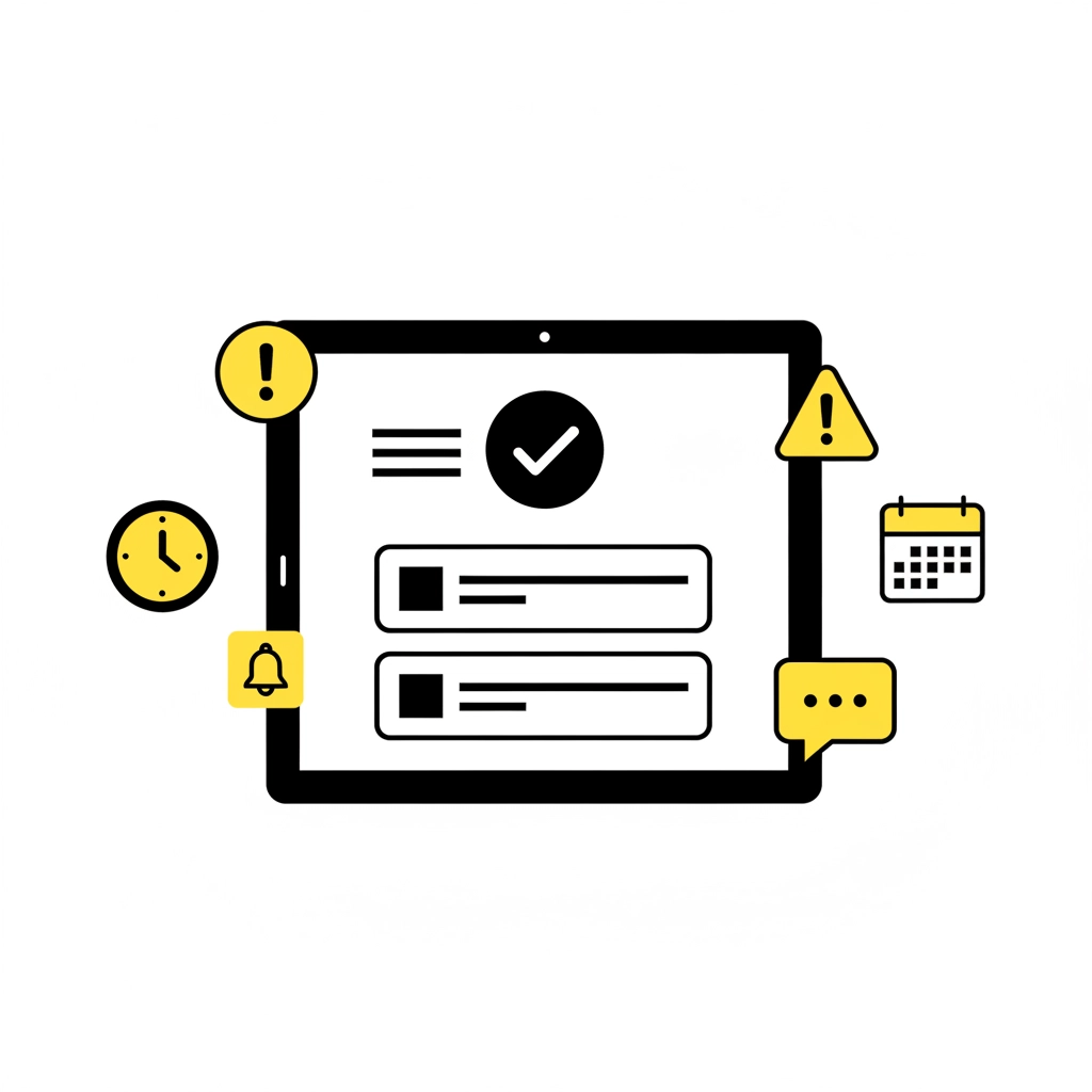 Tablet interface with checklist icon on screen. Surrounding yellow icons: clock, calendar, alert, conversation, and bell. Minimalist design.