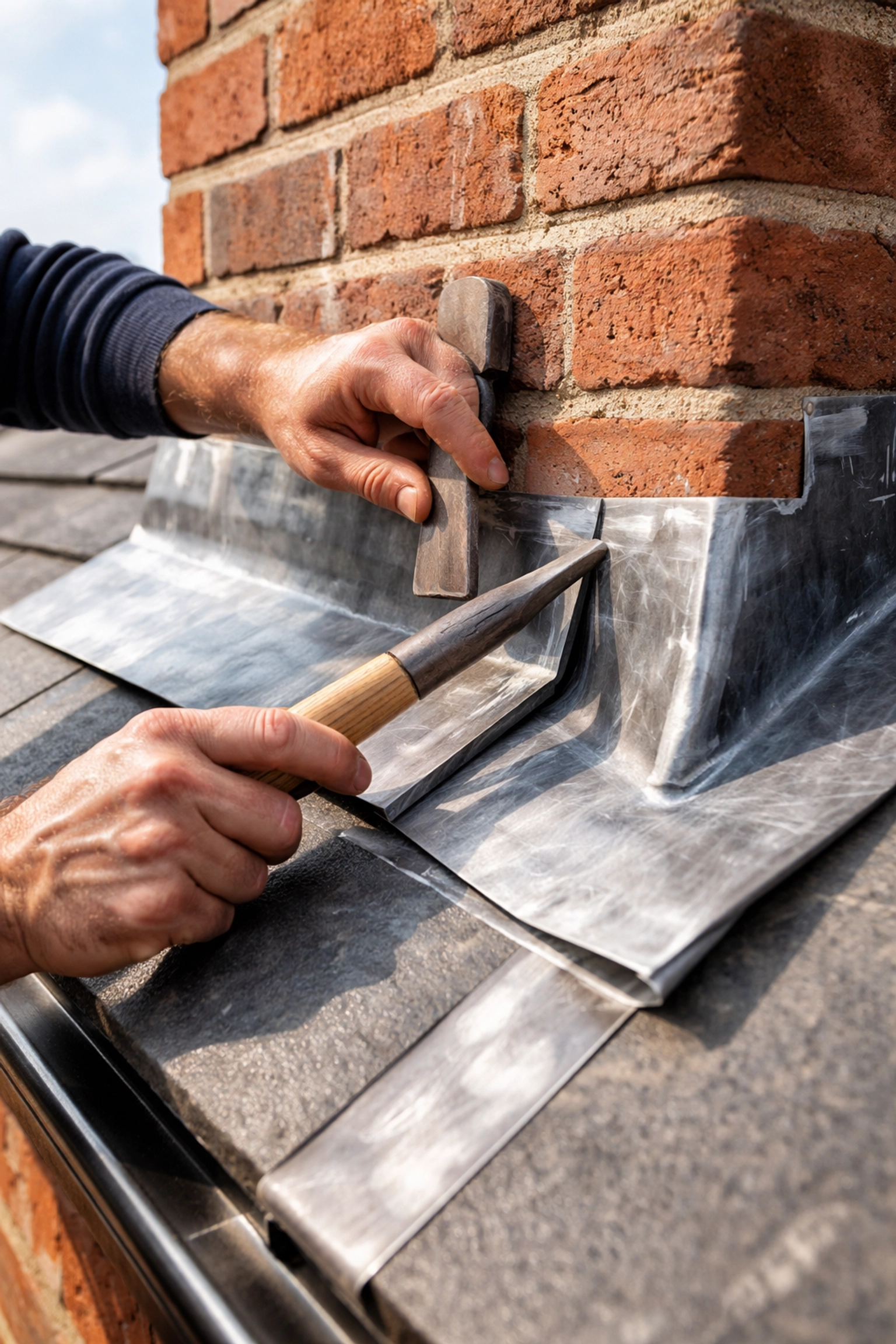 Close-up of a roofer repairing chimney lead flashing, showcasing expert leadwork to prevent roof leaks in NI.