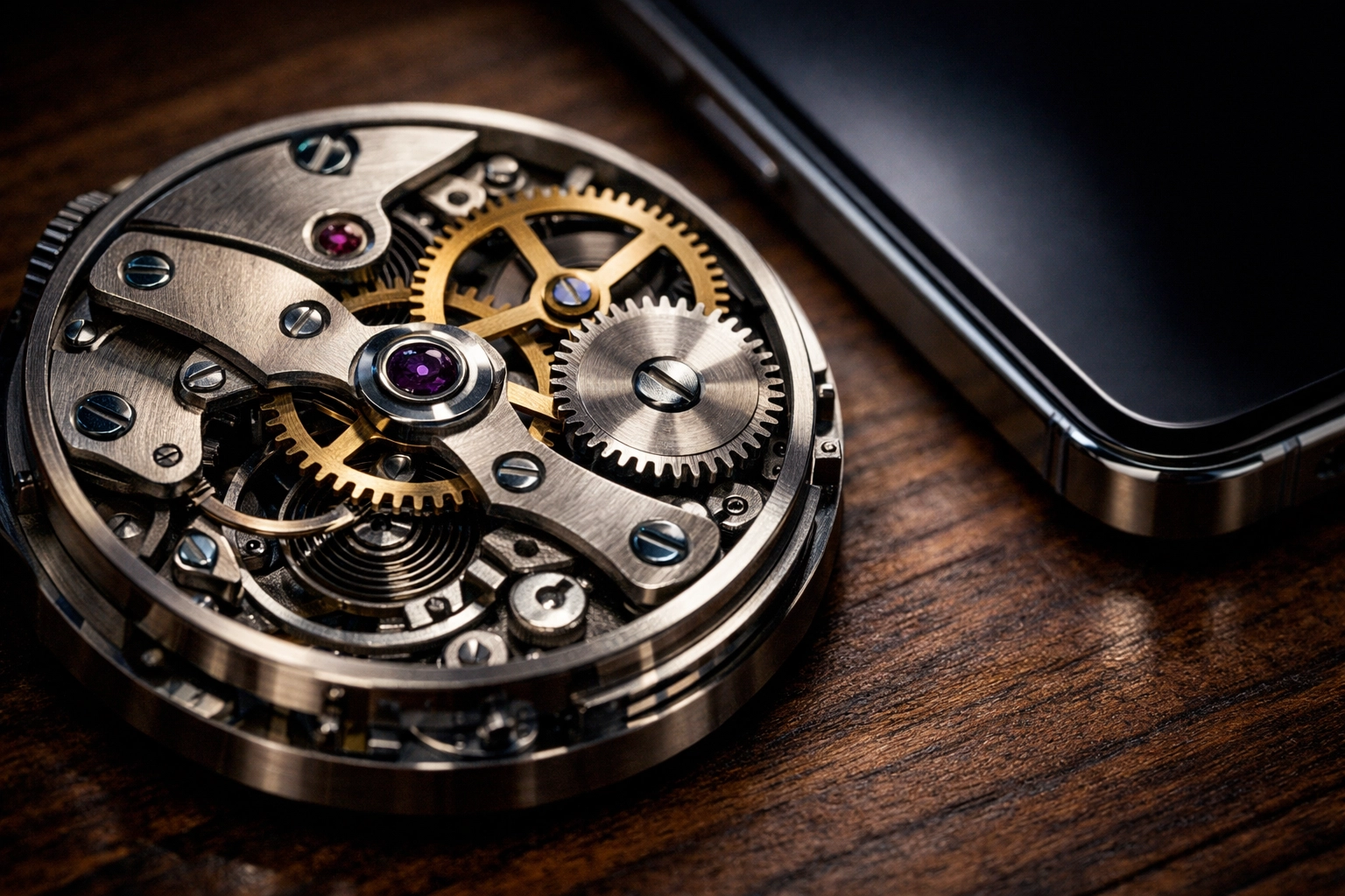 Intricate watch gears and a smartphone on a desk representing precision in administrative hiring and candidate matching.