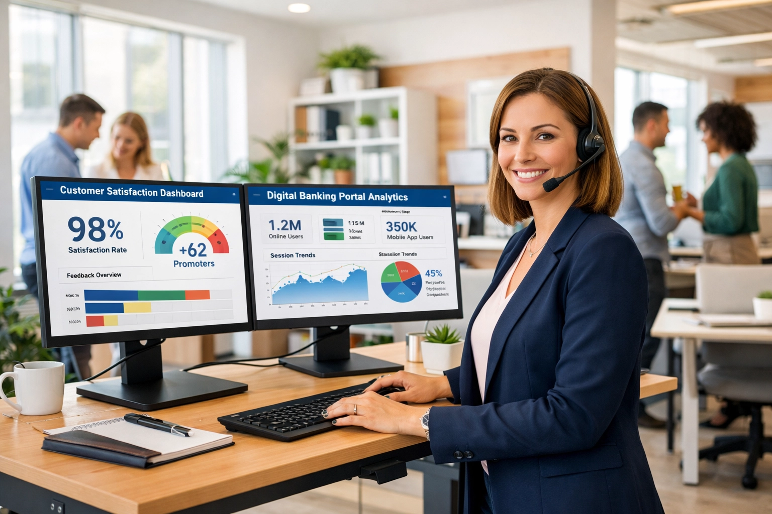 Customer service representative monitoring satisfaction metrics on ServiceNow banking platform