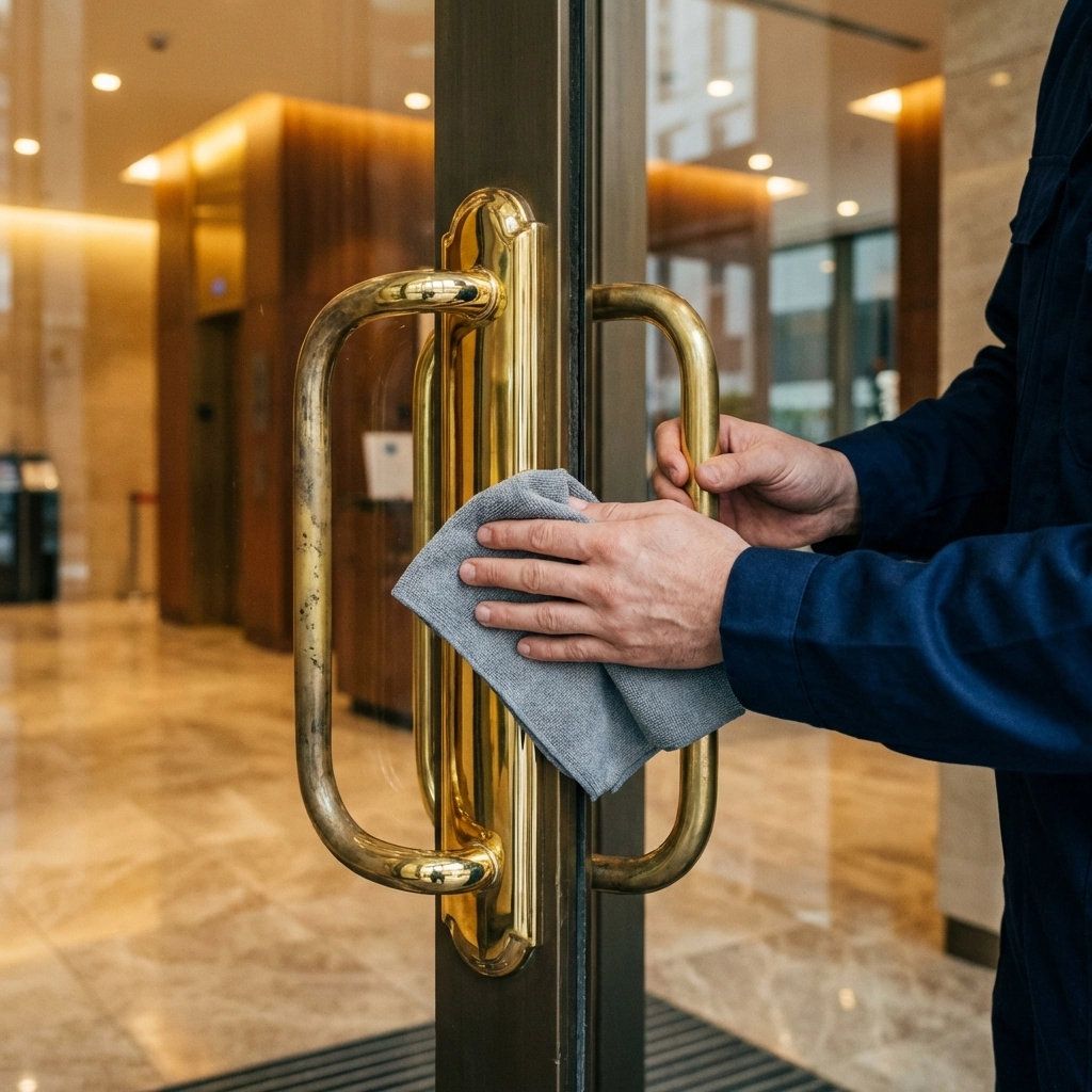 Building maintenance worker polishing brass door handle in modern lobby, showing fingerprint removal and metal cleaning results