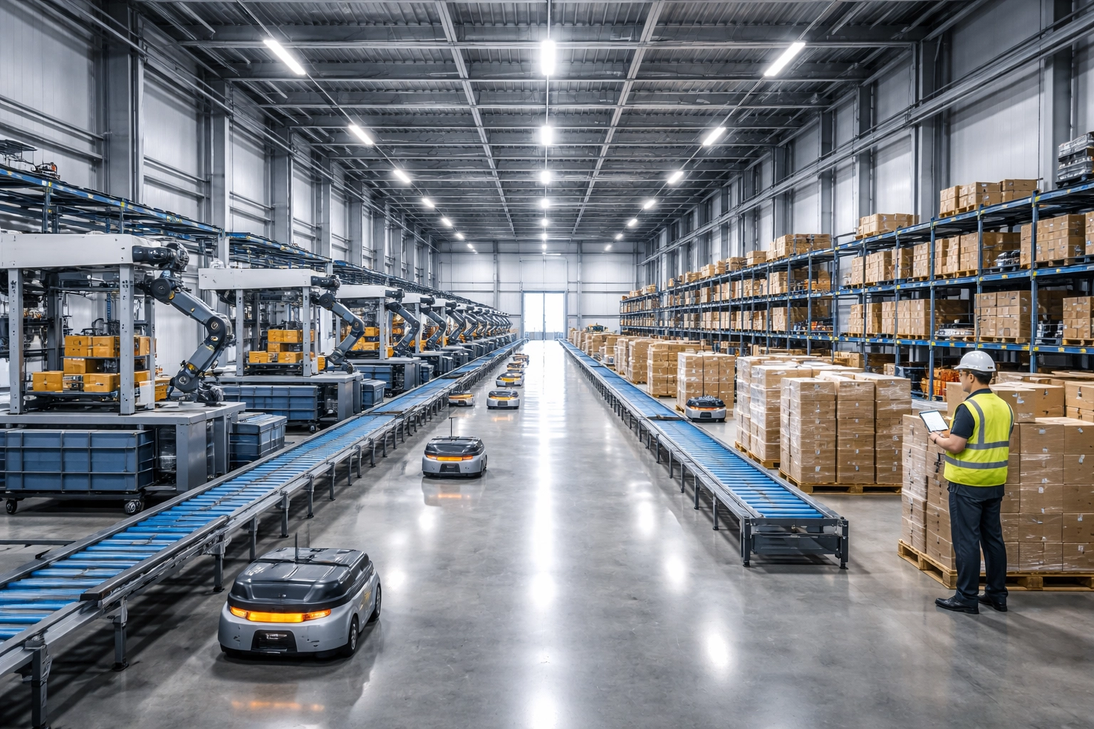 Automated modern warehouse with robots, conveyor belts, and clean organization highlights advanced supply chain infrastructure