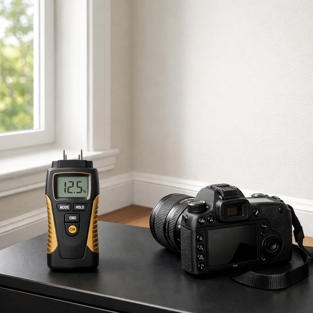 Pristine property wall with inspection equipment for damp and mould assessment documentation