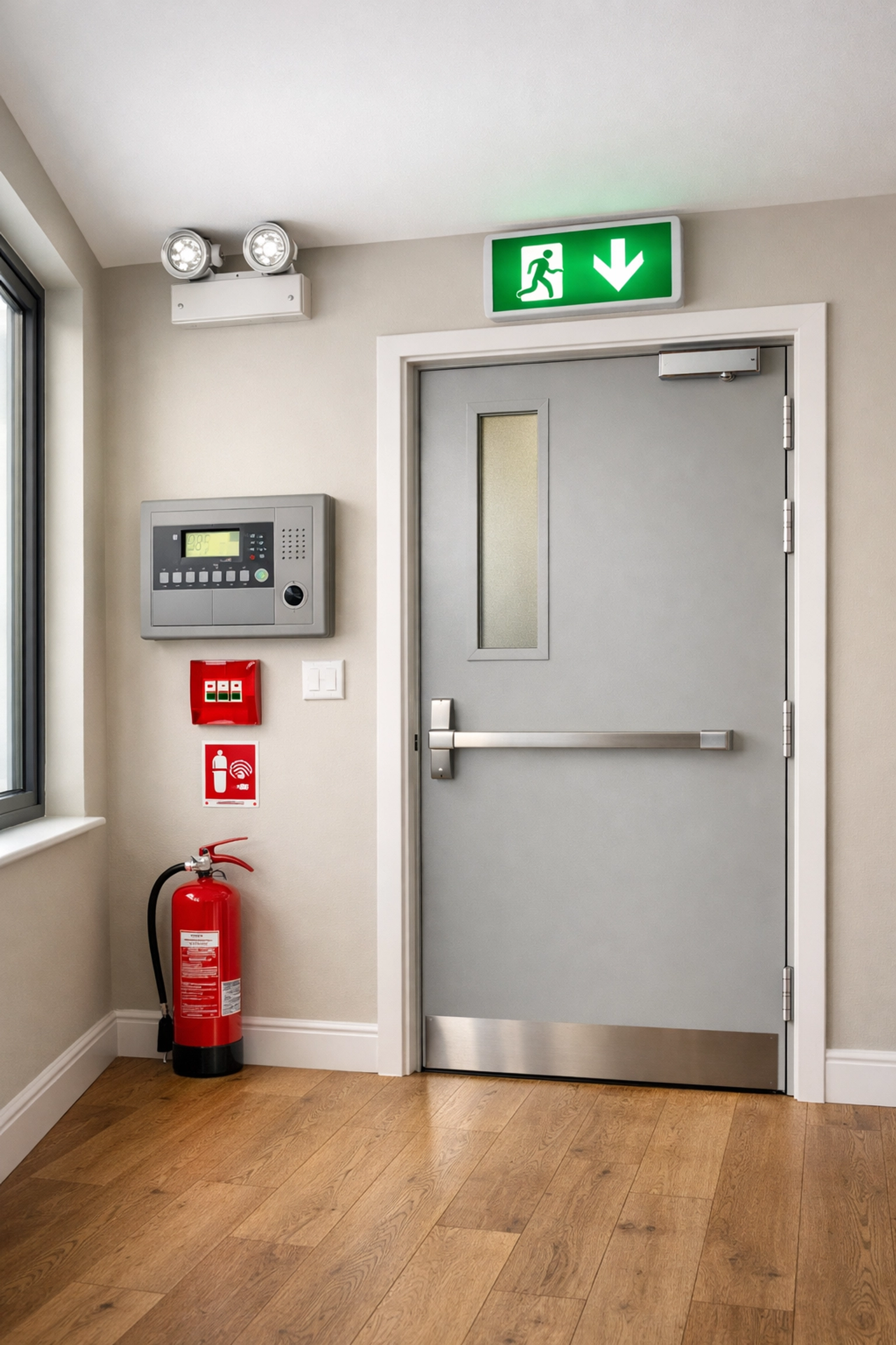 HMO fire safety compliance featuring fire door and emergency lighting in hallway