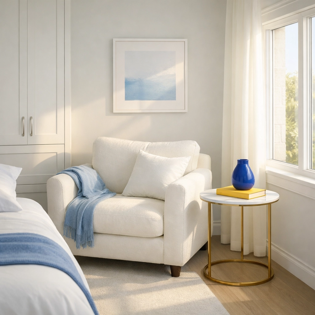 Clutter-free and dust-free bedroom nook illustrating the calm of professional House Cleaning Ashby MA.