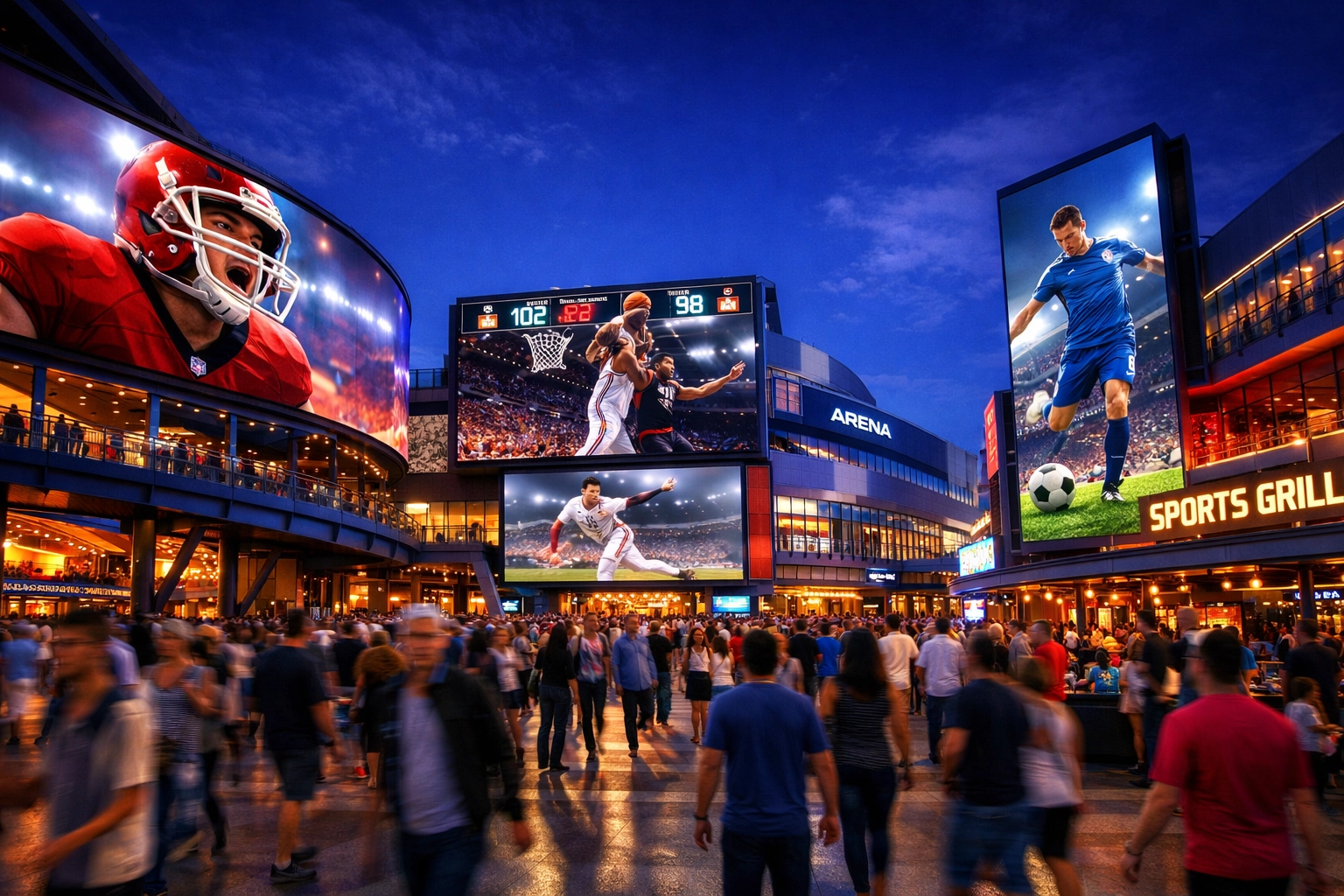 Wide view of a busy sports entertainment venue with large digital screens showcasing the OOH Sports network expansion.