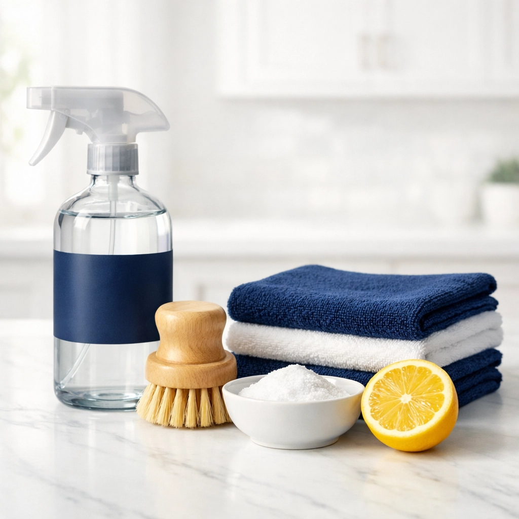 Eco-friendly house cleaning MA supplies like microfiber cloths and lemon for a deep cleaning mission.