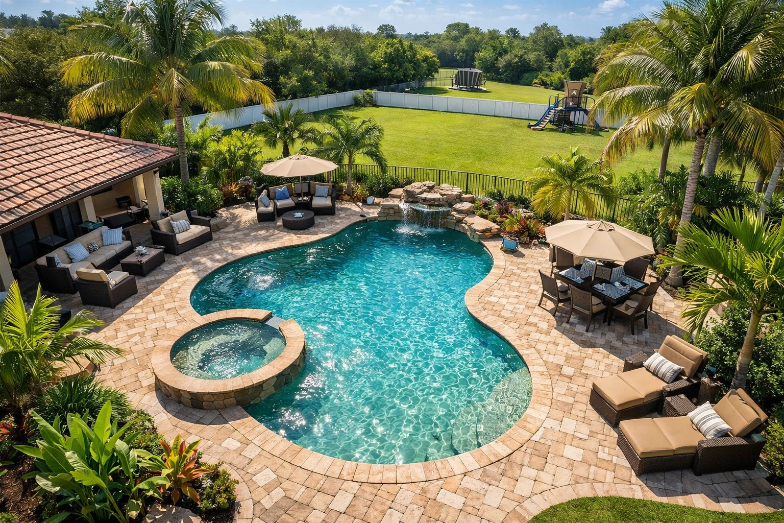 Port St. Lucie backyard pool and outdoor living space in tropical Florida home