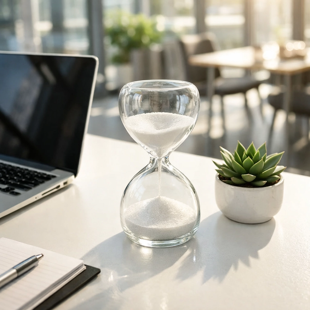A minimalist desk with an hourglass representing efficient marketing automation and sales funnel flow.