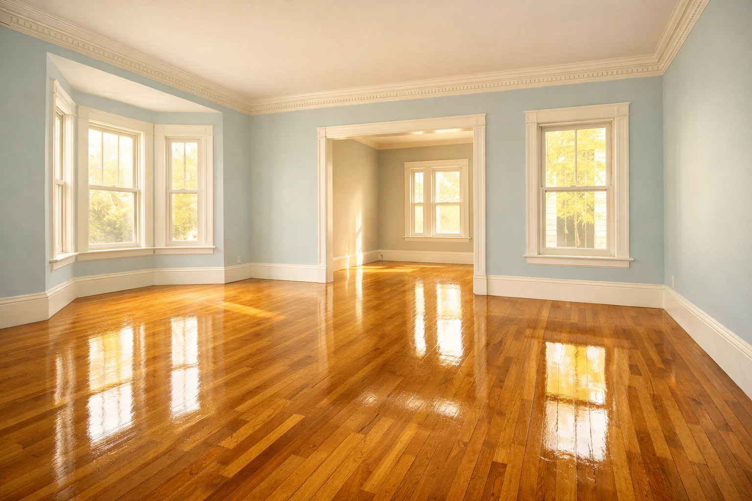 Pristine empty living room with polished hardwood floors after a deep house cleaning Cambridge MA session.