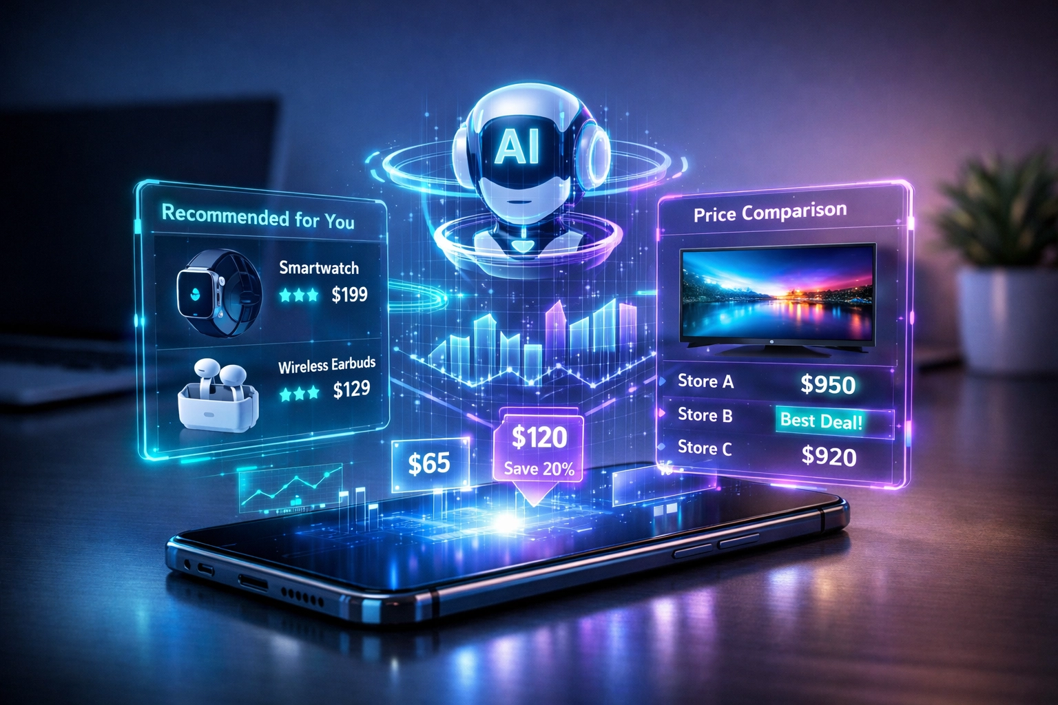 AI shopping assistant interface displaying product recommendations and real-time price comparisons