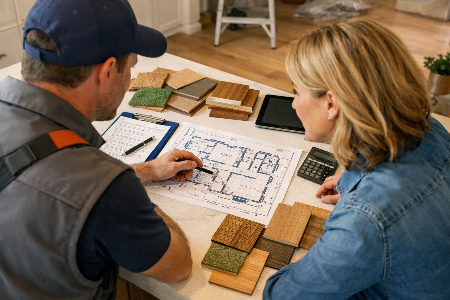 A Pinnacle Pro Builders expert reviews eco-friendly flooring plans with a homeowner during a consultation in Reading, PA.