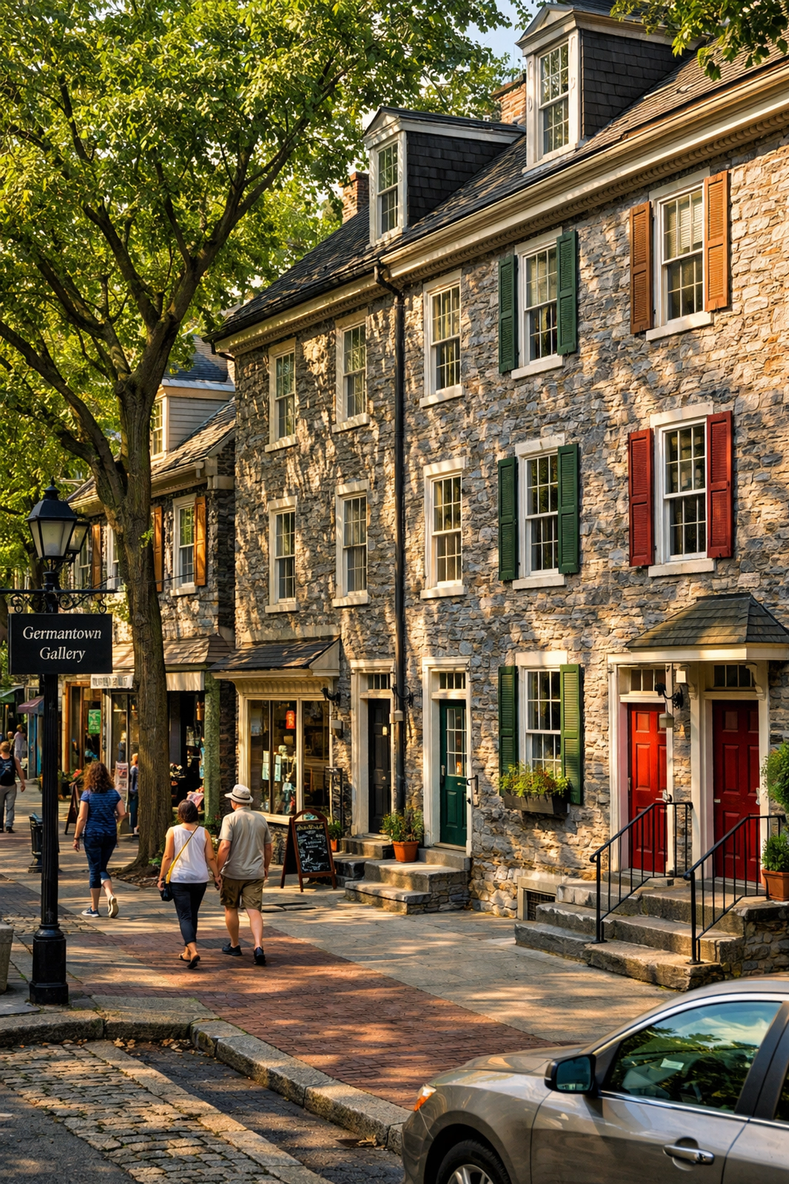 Historic Wissahickon schist rowhomes lining Germantown Avenue in Philadelphia with tree-lined sidewalks Historic Wissahickon schist rowhomes lining Germantown Avenue in Philadelphia with tree-lined sidewalks