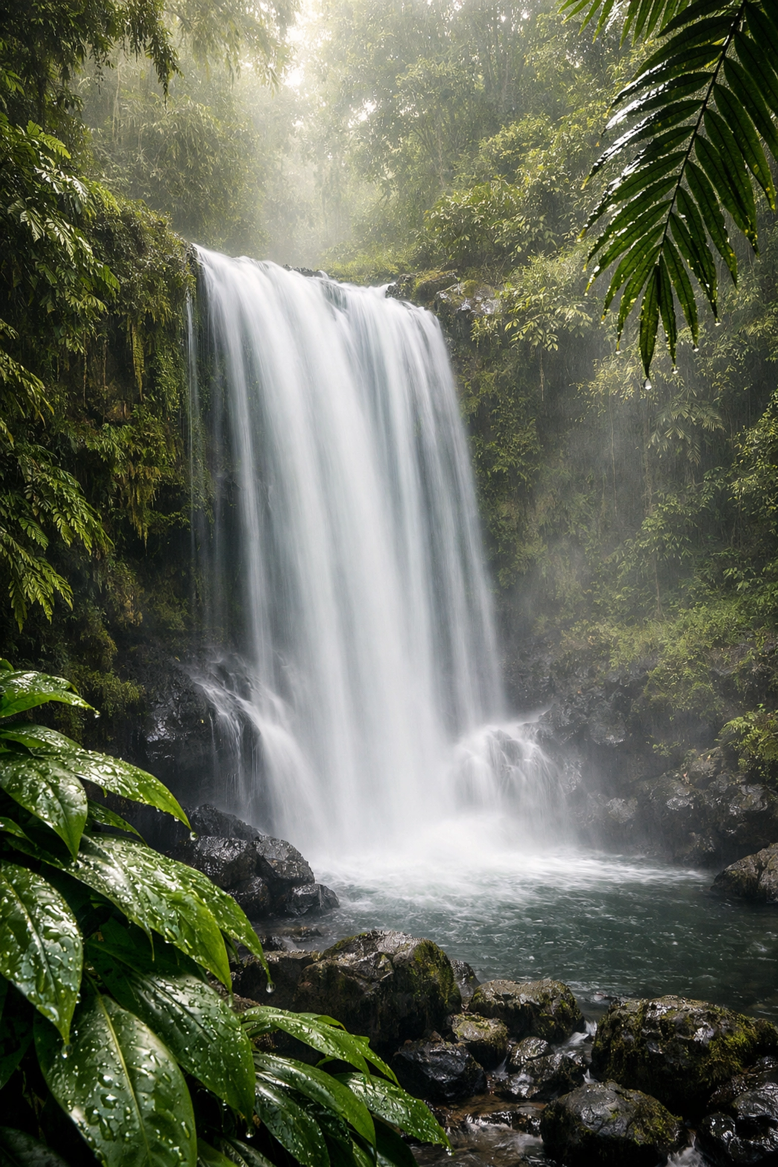 Silky long exposure waterfall in a tropical forest demonstrating water landscape photography techniques.