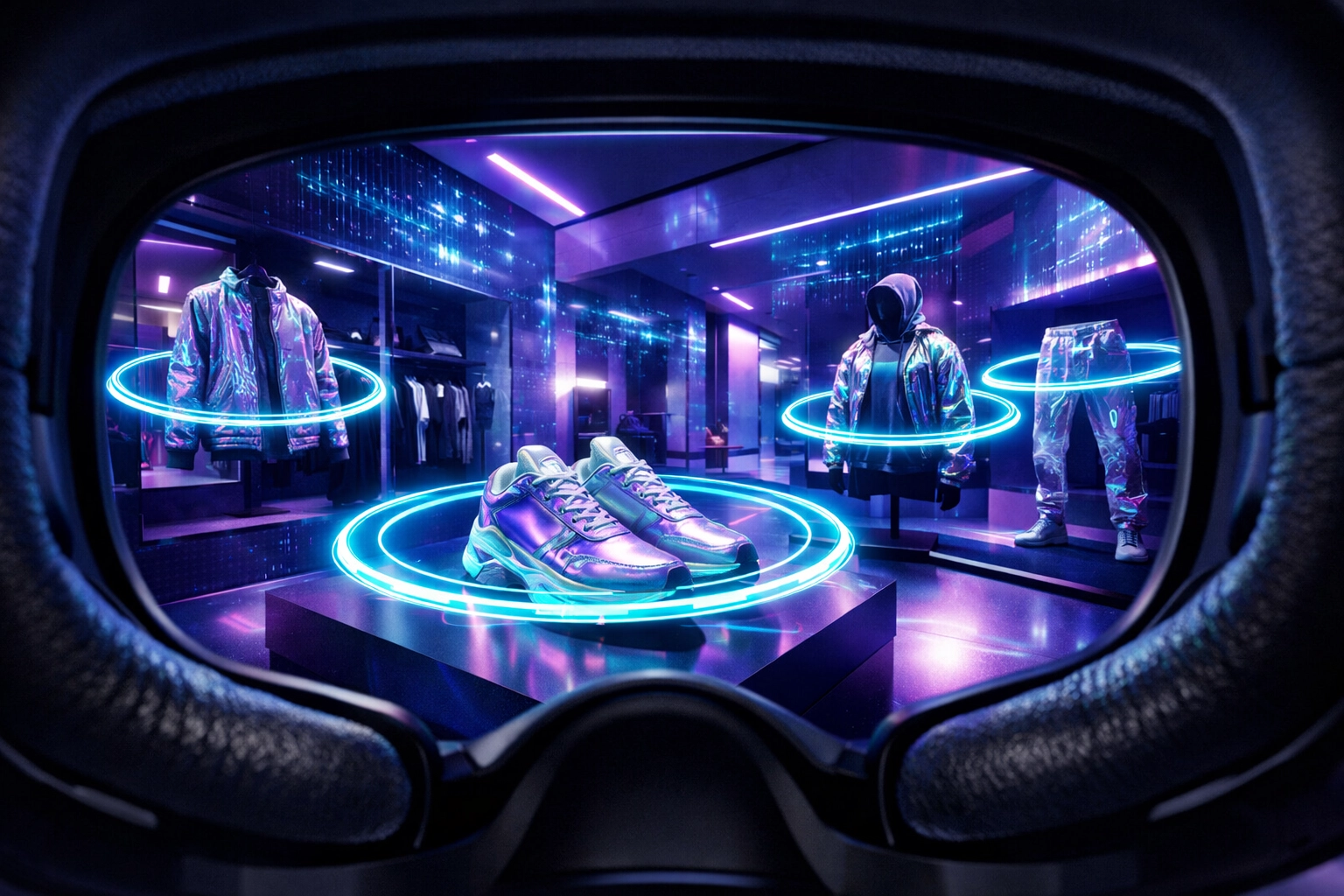 AI-powered Metaverse shopping interface showing interactive holographic products in a futuristic digital boutique