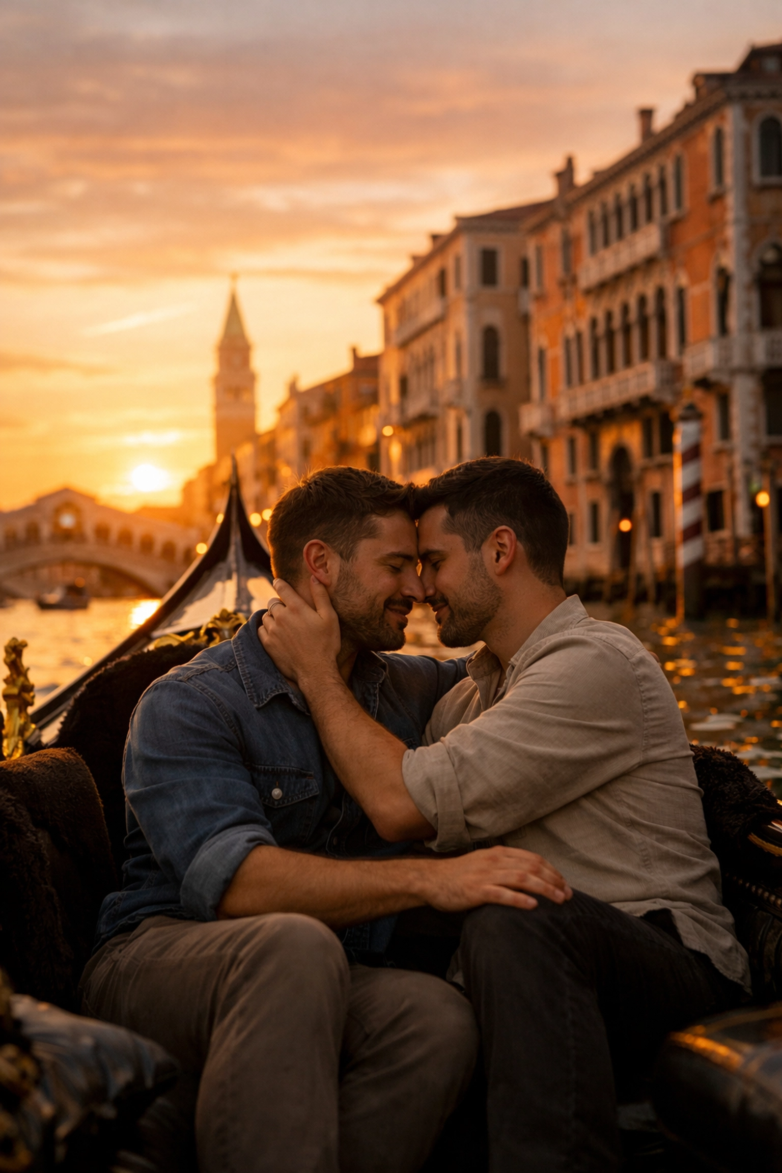 Gay couple embracing on gondola at sunset in Venice during romantic honeymoon
