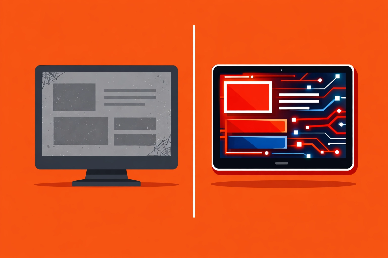 Comparison of an old static website versus a modern dynamic AI-driven website that converts leads.