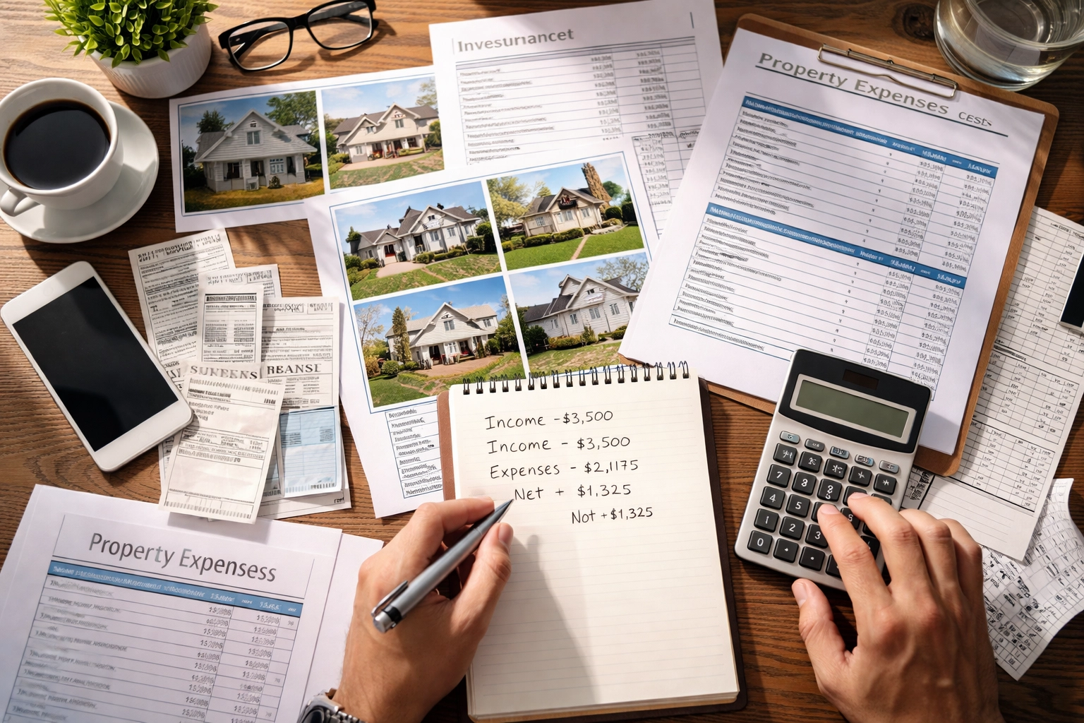 Stressed real estate investor calculating property holding costs and interest rates