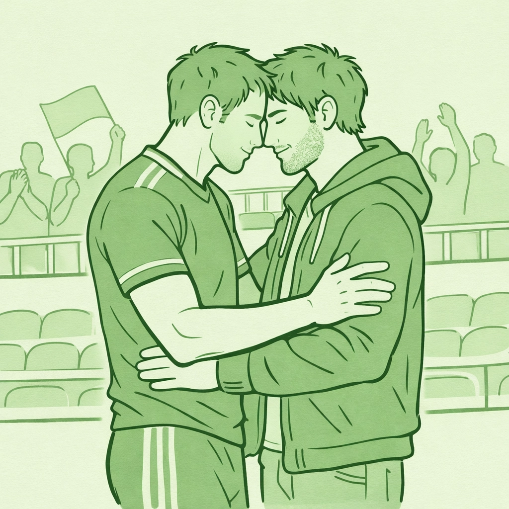 Two men embracing at sports stadium in emotional moment from gay fiction concept