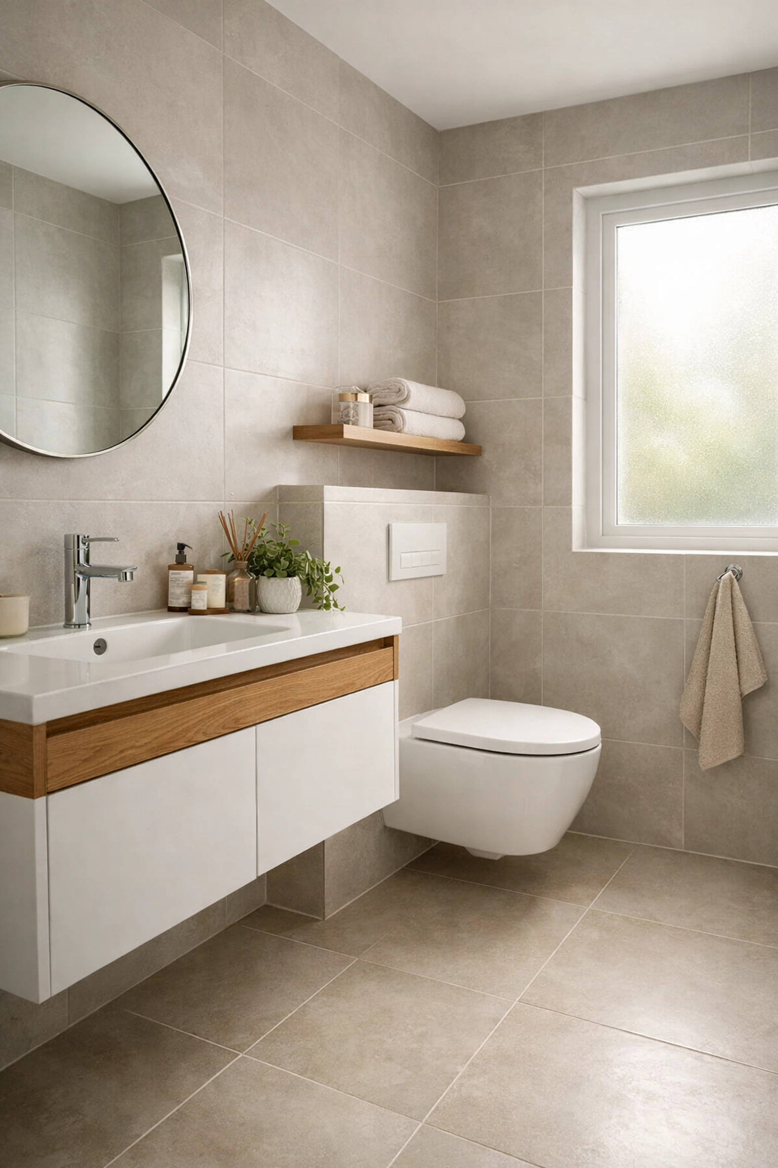 Small bathroom with wall-mounted vanity and toilet maximizing floor space in Nottingham home