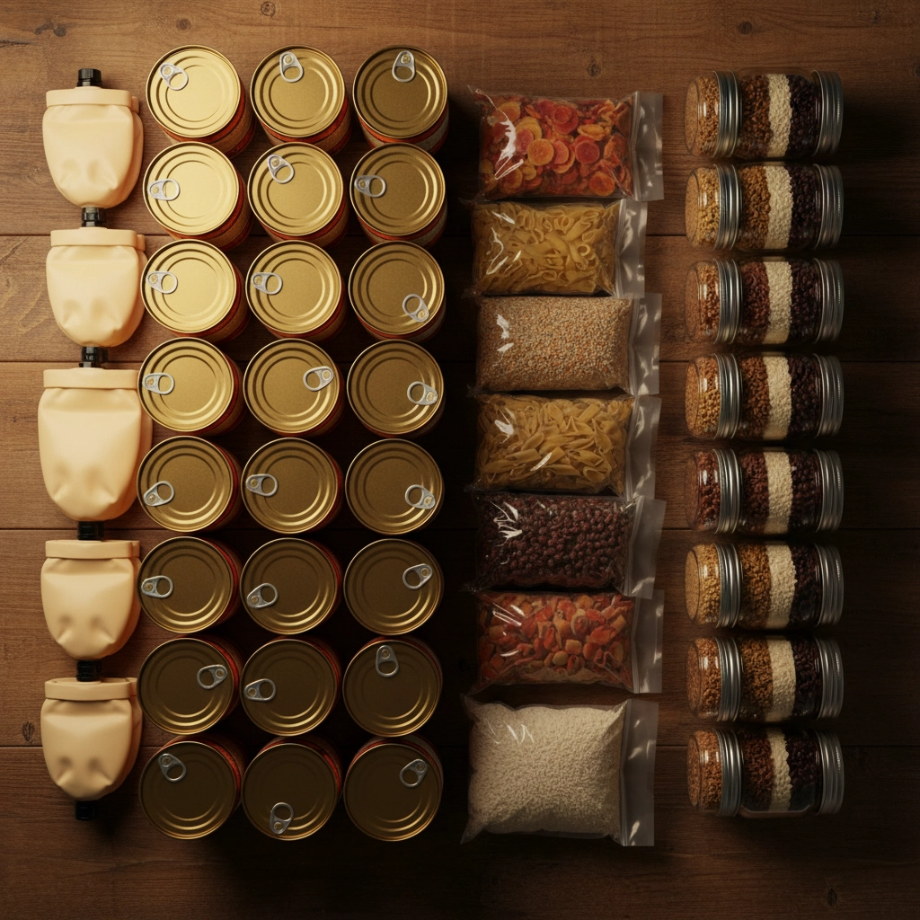 An overhead shot of food prepped for storage: sealed powders canned food, sealed bagged dry food and jarred beans. The Ultimate Guide: 50+ Must-Try Storage Hacks for an Apartment