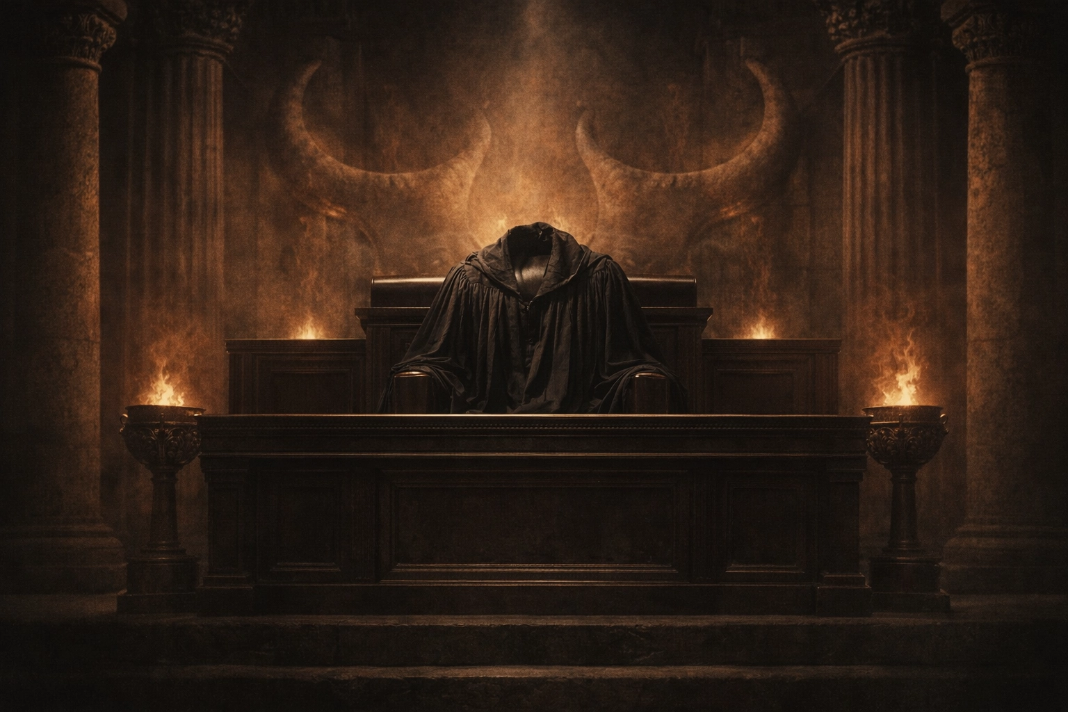 Empty judicial robe on a judge's bench symbolizing administrative court illusions.