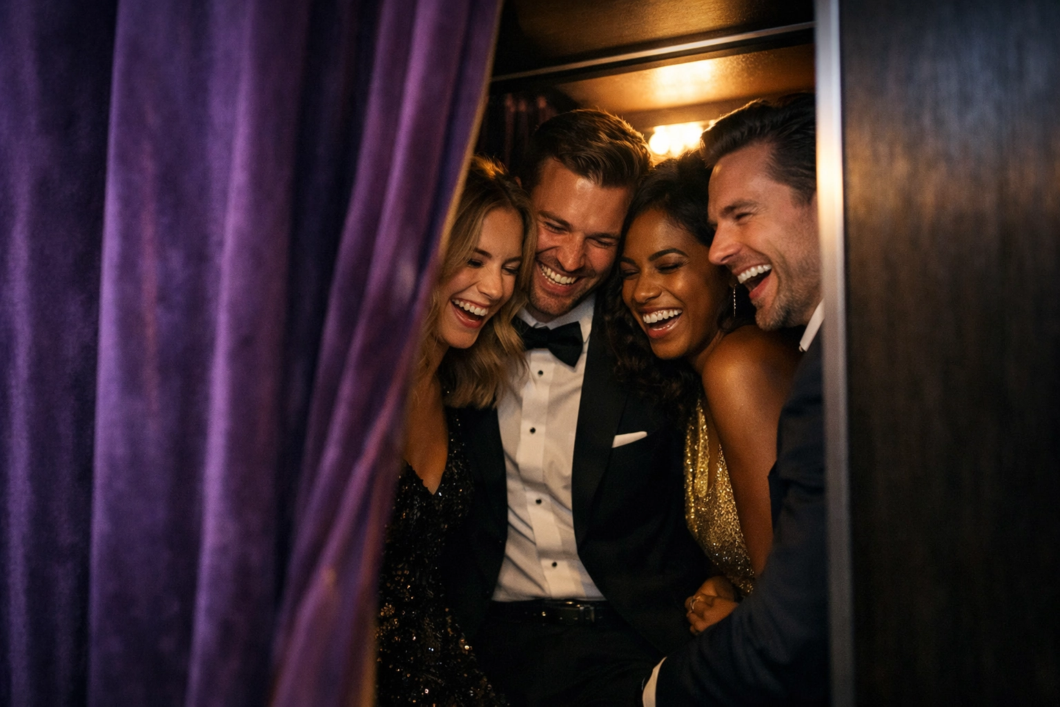 Guests laughing behind velvet curtain inside an enclosed photo booth - private VIP photo booth experience