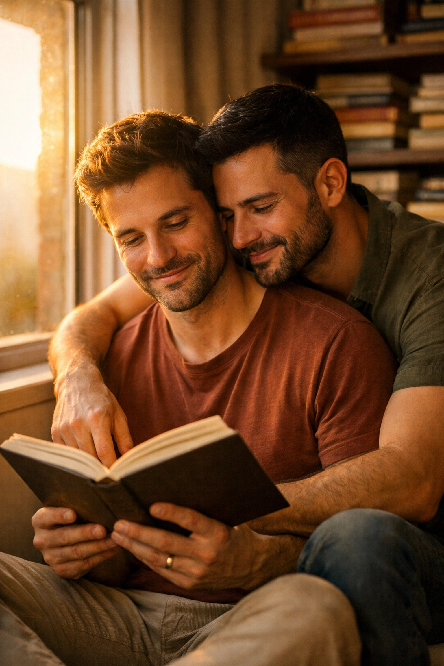 Gay male couple reading together in a sunlit home, showing the joy of MM romance books and emotional mental wellness.