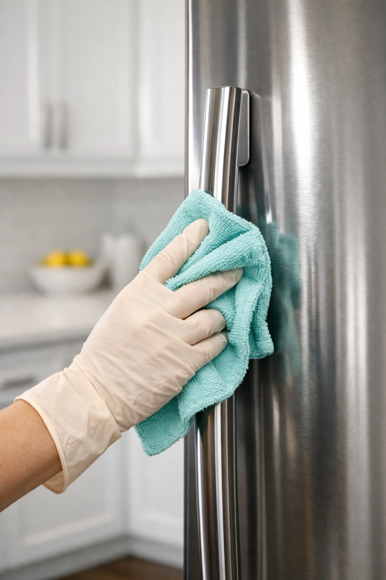 Professional cleaner polishing a stainless steel refrigerator handle in a sanitized modern kitchen.