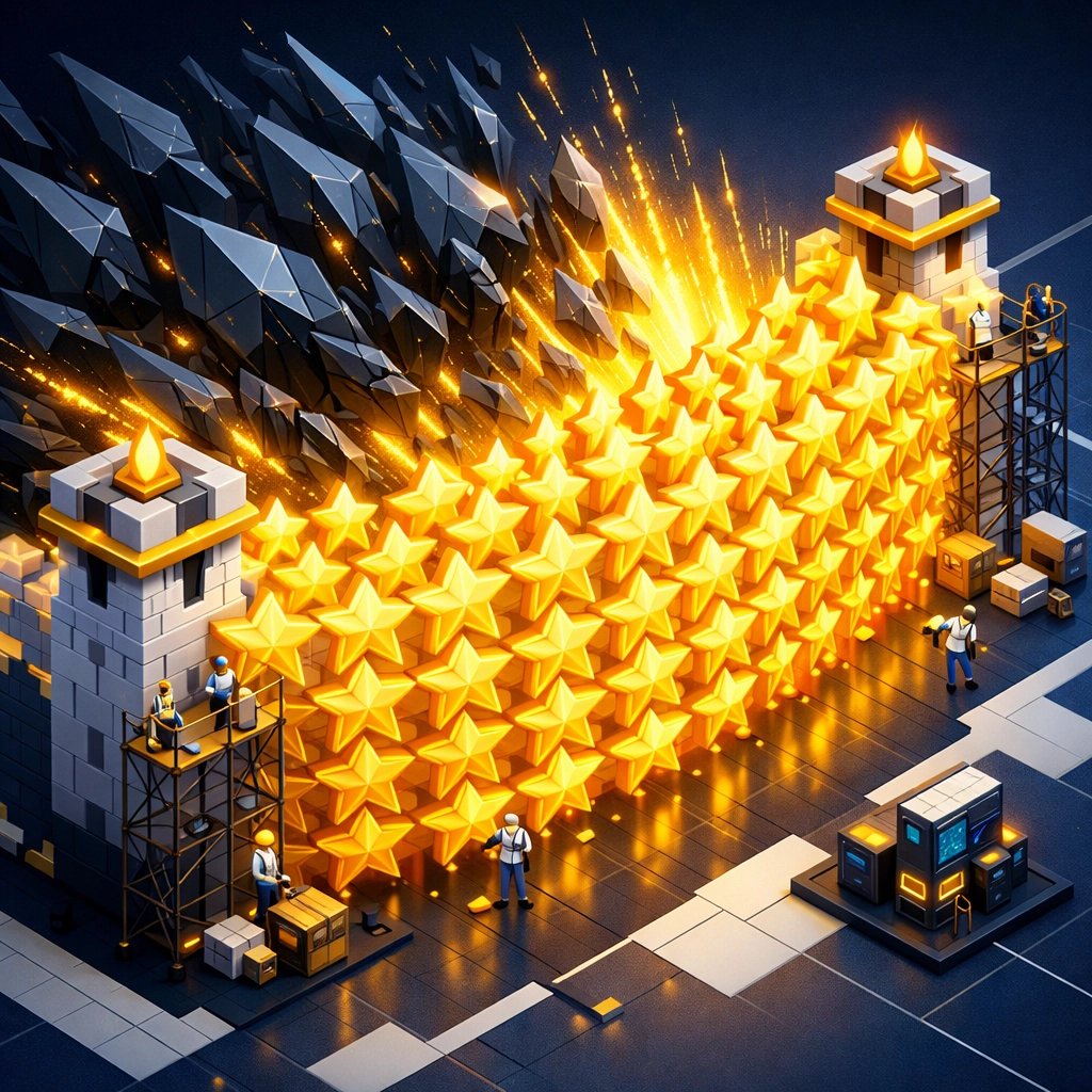 A star fortress representing a positive review buffer protecting a business profile from negative attacks.