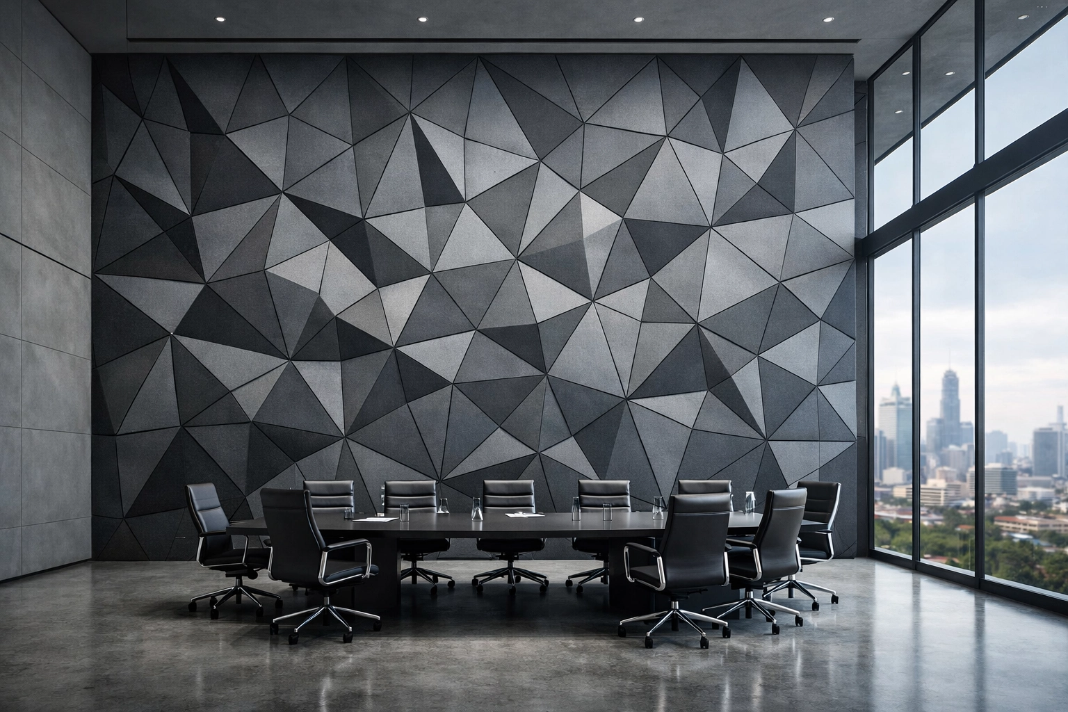 Large-scale triangular 3D acoustic panels in a modern Bangalore boardroom for premium noise control.