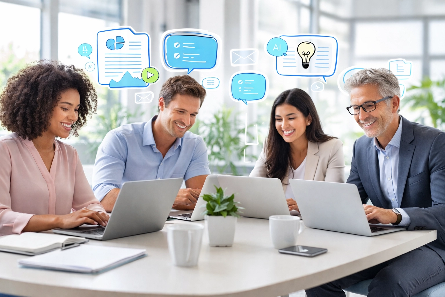 Business team using LLM tools for collaboration and AI-assisted productivity