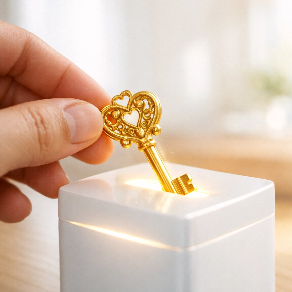 A hand providing a golden key of user preferences representing transparent zero-party data exchange.