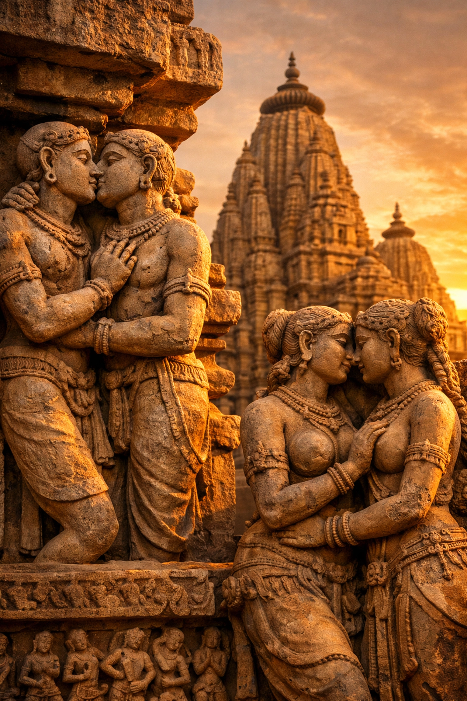 Ancient Khajuraho temple stone carvings depicting same-sex couples in Indian mythology