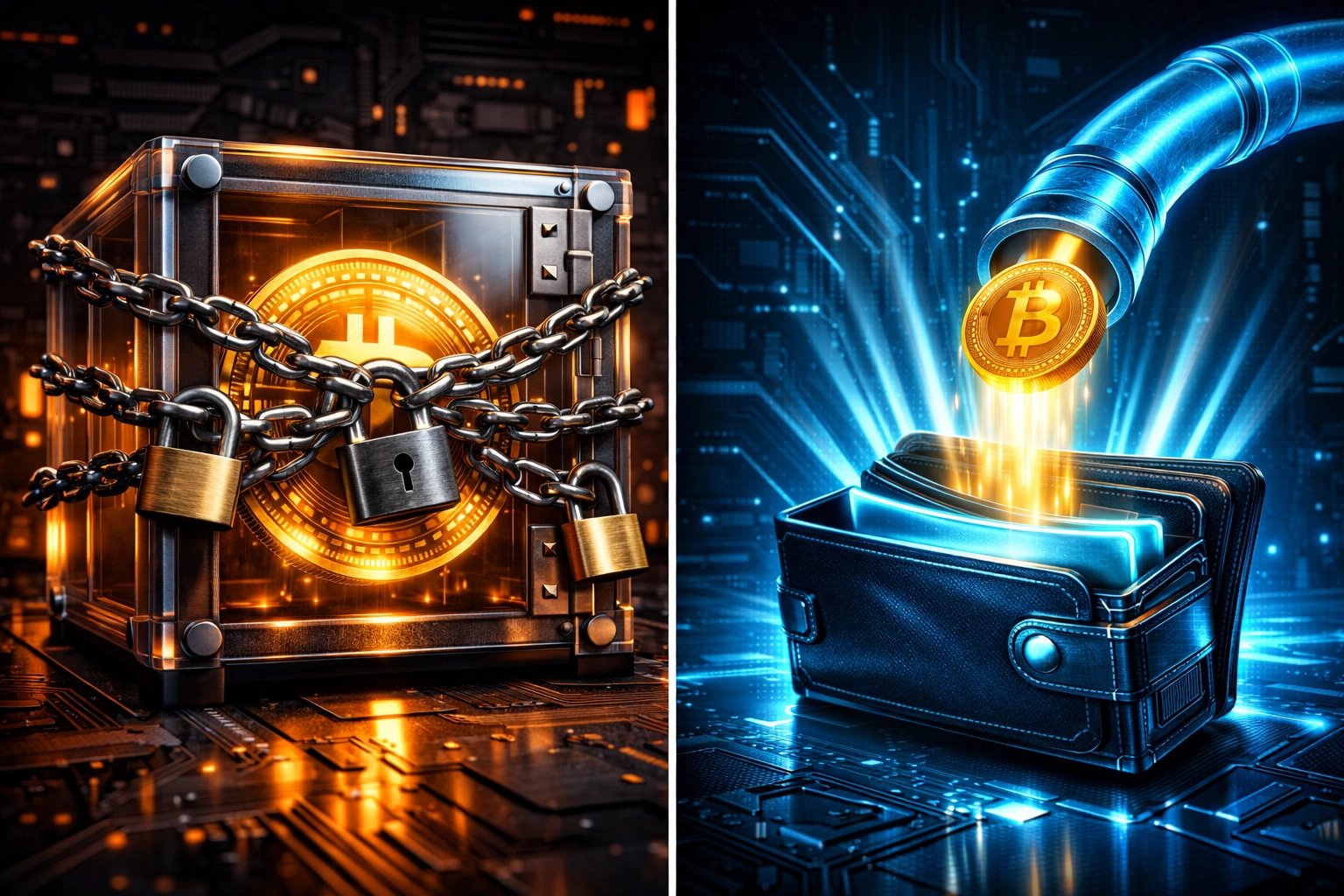 Custodial crypto payment vs self-custody comparison showing locked funds versus direct wallet access
