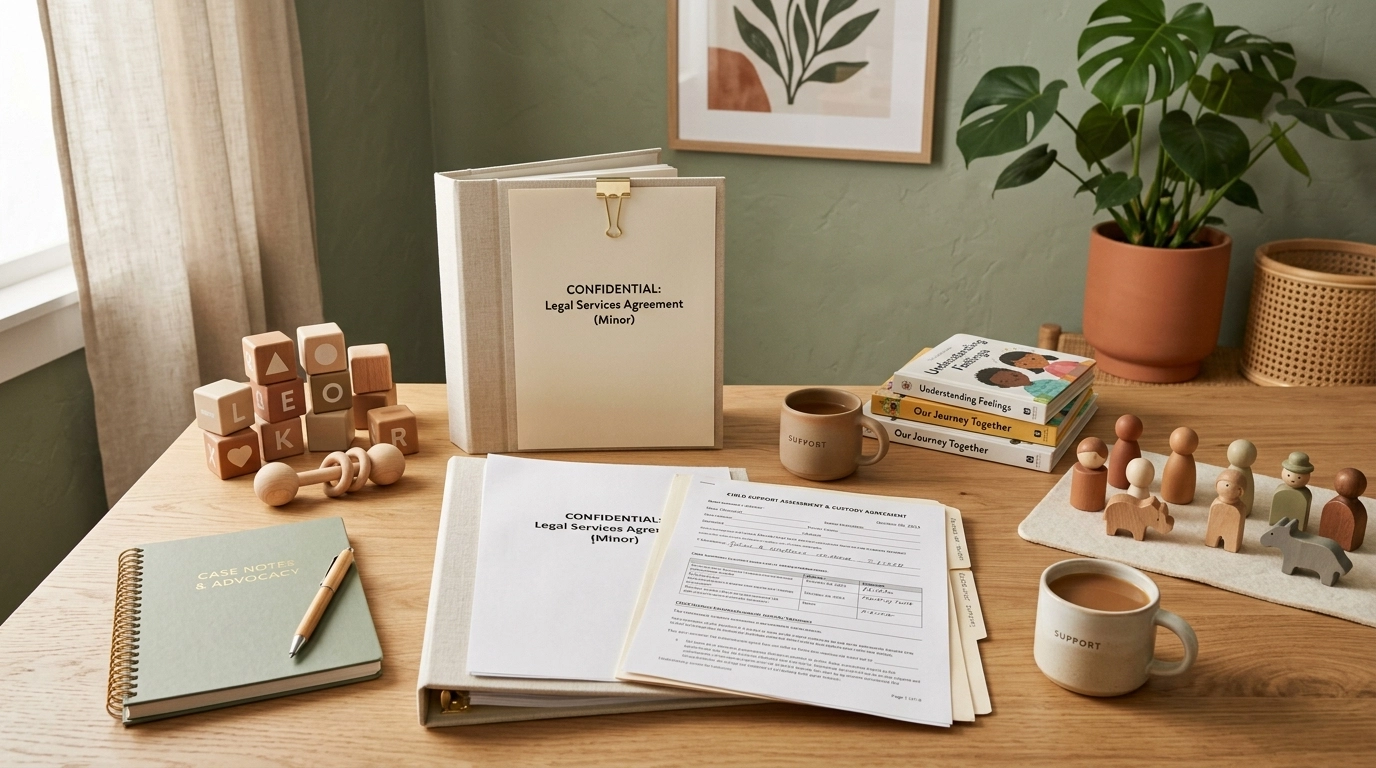 Child-related materials and support paperwork in a Business Boho legal setting with terracotta sage and cream tones