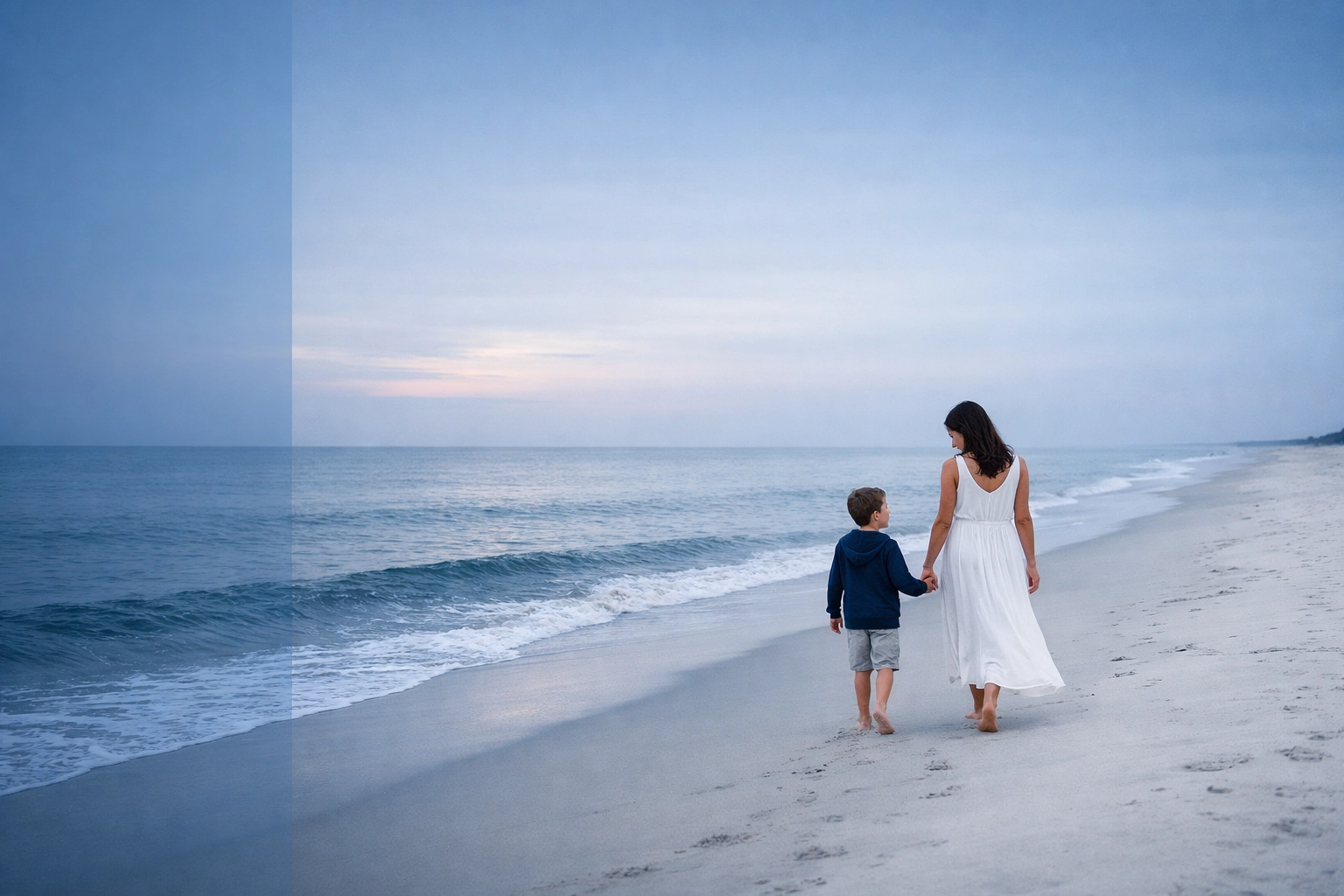 Mother and son walking on a beach, illustrating family bonds and Virginia Beach custody matters.