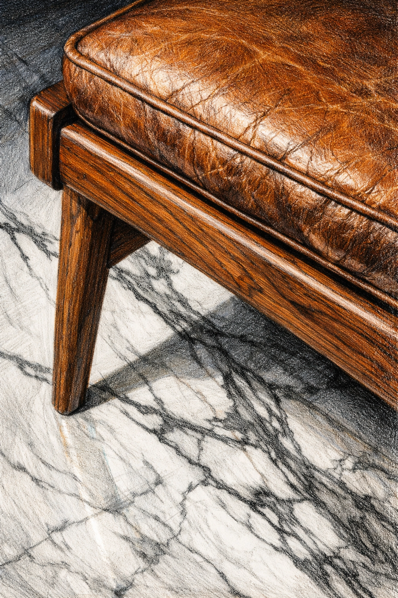 Vintage walnut and leather furniture on marble, a hallmark of sustainable hotel architecture.