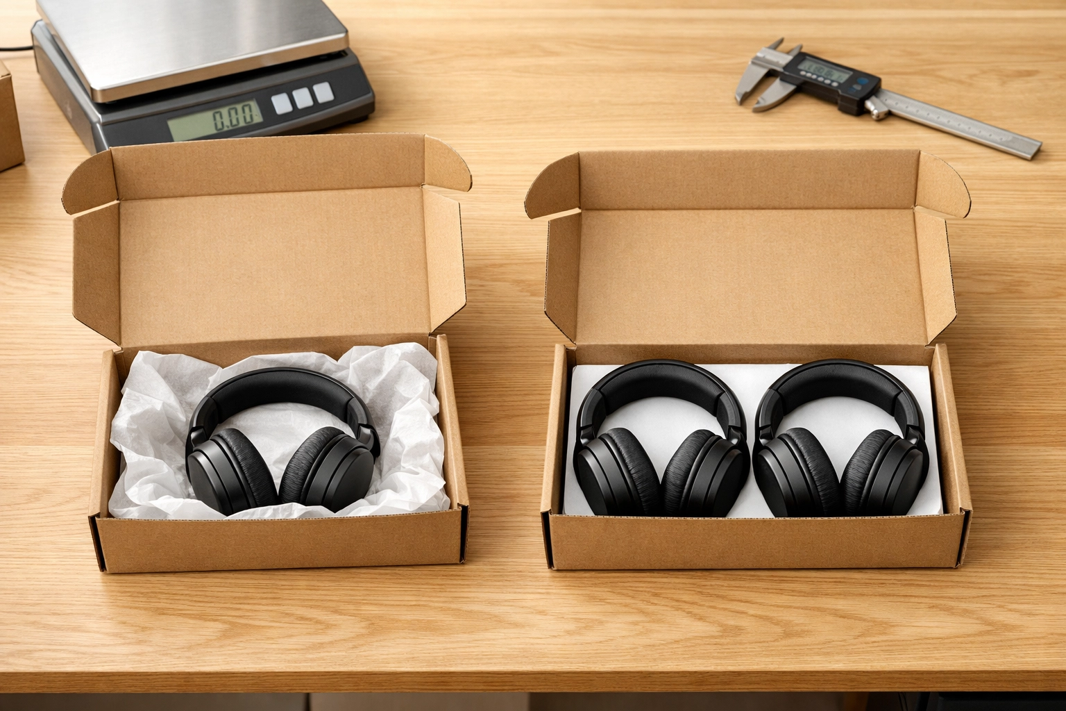 Multi-unit hack showing two products fitting in a single box to lower dimensional weight and shipping fees.