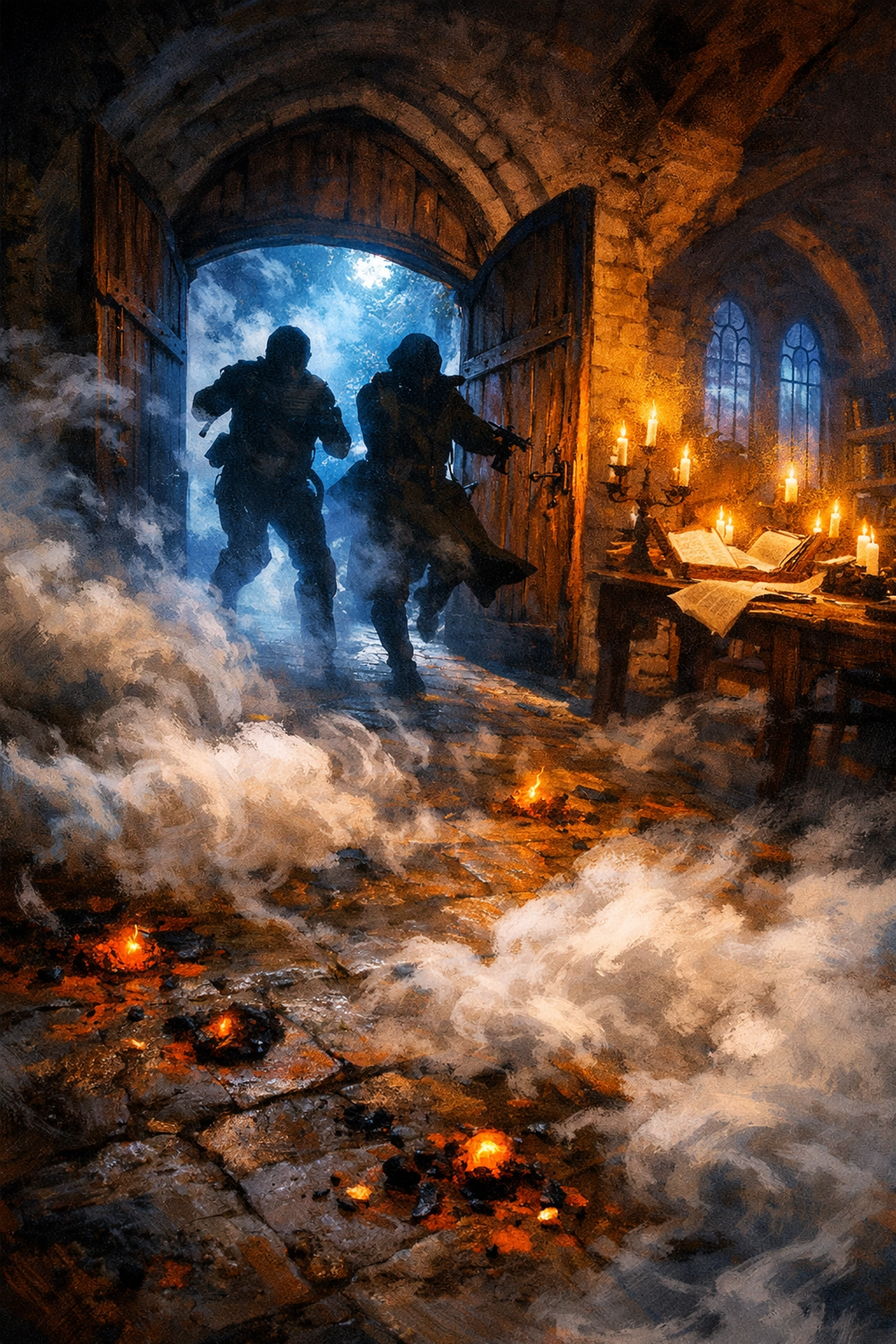 Pursuers bursting into candlelit scriptorium with swirling incense smoke