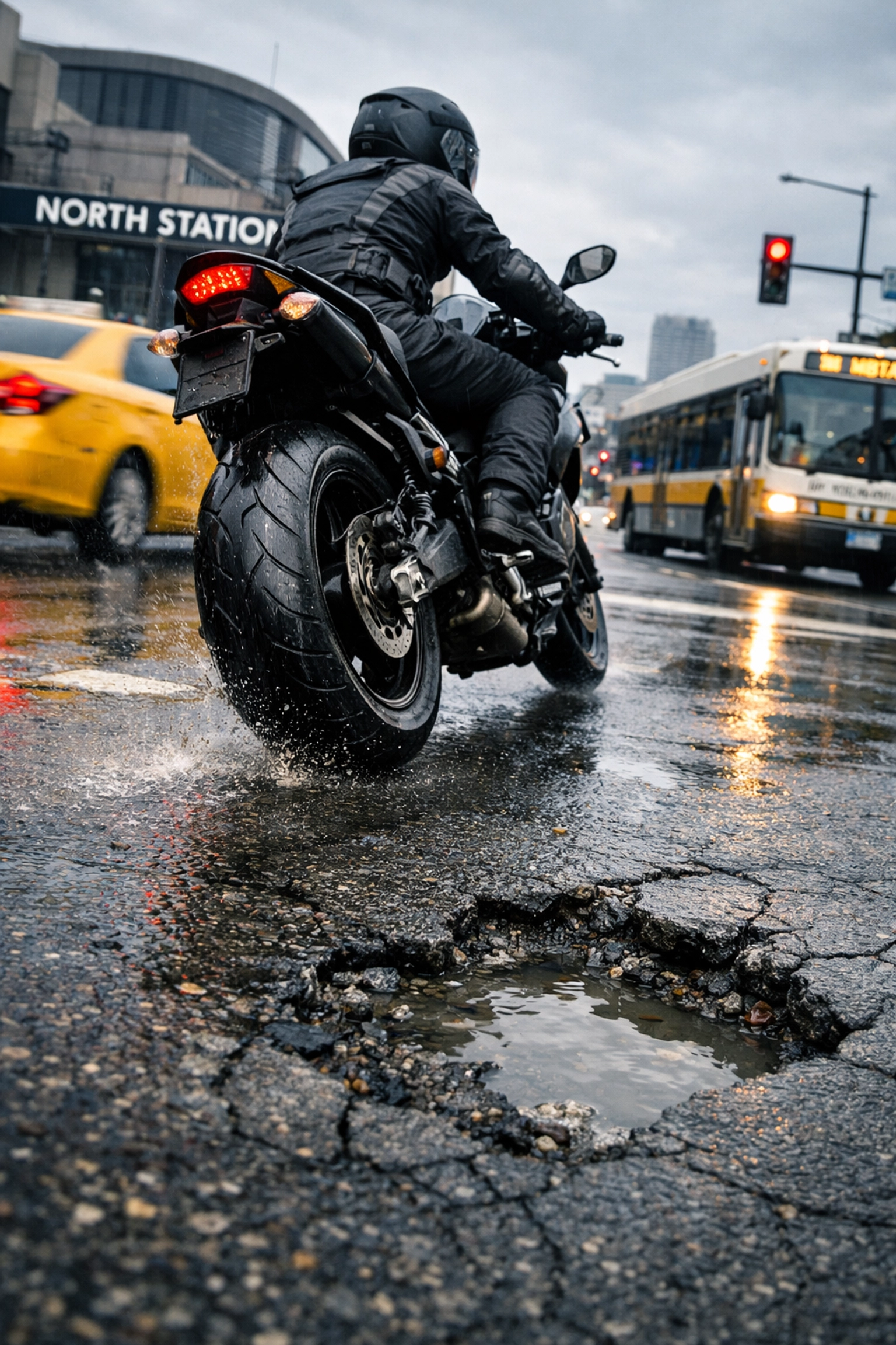 Motorcyclist riding through a busy Boston intersection, highlighting the risks handled by a motorcycle accident lawyer.