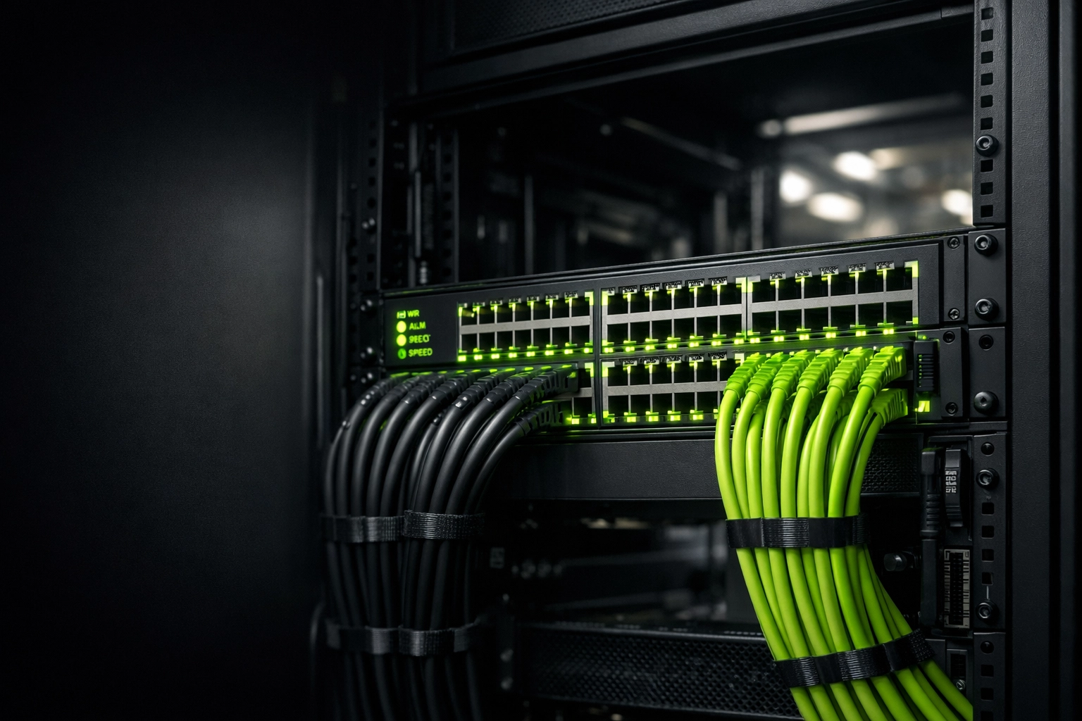 Managed PoE network switch in a server rack providing stable power for business security systems.
